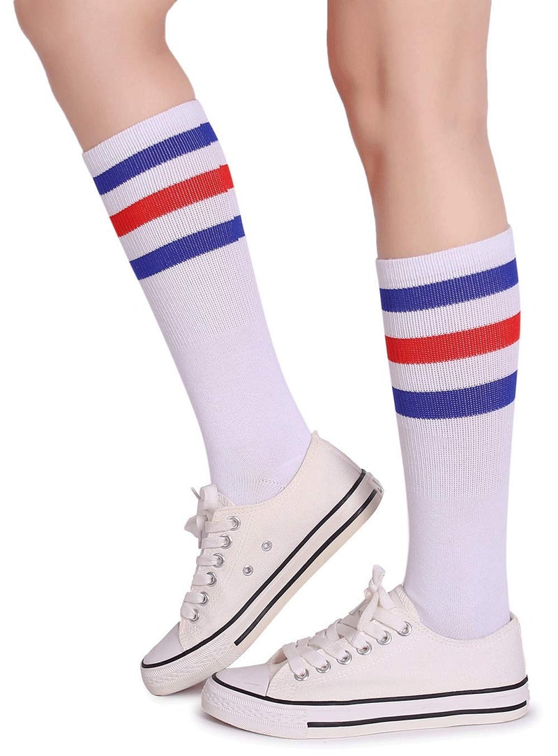 Pareberry Classic Triple Stripes Soft Cotton On the Calf Retro White Tube Socks (A-pair(Blue/Red/White)) - Image 2